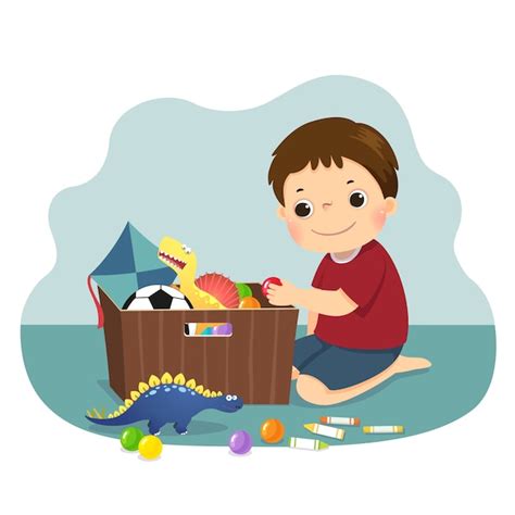 Premium Vector | Illustration cartoon of a little boy putting his toys into the box. kids doing ...