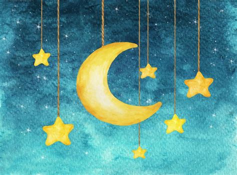 Yellow moon and stars hanging from strings. Watercolor illustration. 3003169 Vector Art at Vecteezy