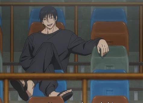 an anime character sitting on the ground in front of a row of chairs with their arms outstretched