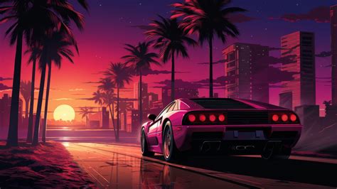 Sunset Sports Car Street Palm 4K #9100i Wallpaper PC Desktop