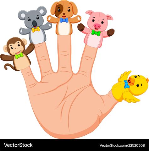 Hand wearing 5 animal finger puppets Royalty Free Vector