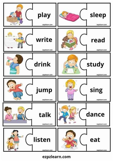 Free Printable English Puzzle Match Game Topic Action Verbs Worksheets ...