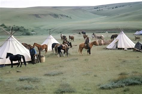 Premium AI Image | Nomadic tribe setting up camp with tents and horses ...