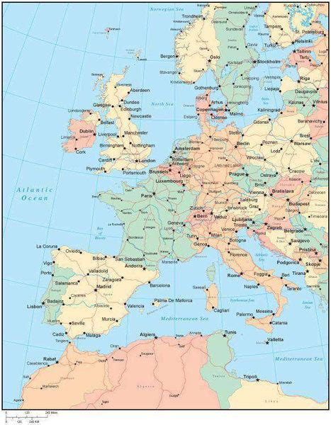 Multi Color Western Europe Map with Countries, Major Cities