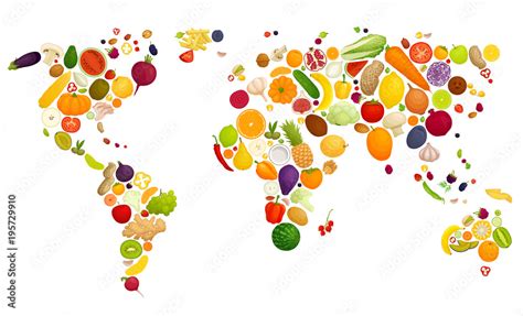 Map of the world laid out of vegetables and fruits. Food in the form of ...