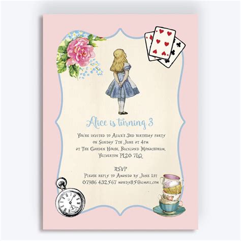 Pink & Blue Alice in Wonderland Birthday Party Invitation from £0.80 each