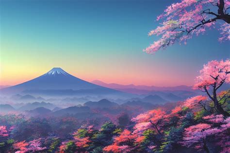 Premium Photo | Japan anime scenery wallpaper featuring beautiful pink cherry trees and mount ...