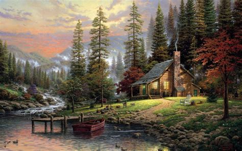 thomas kinkade nature landscape painting artwork trees forest clouds house mountains sunset ...