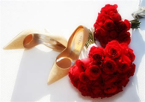 Free Images : petal, heart, red, romantic, wedding, roses, shoes, gold, floristry, bridal ...