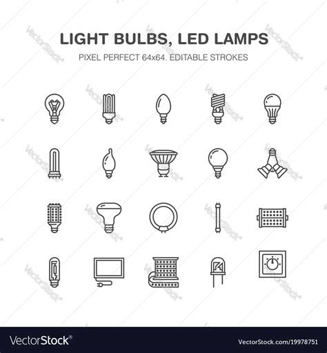 Light bulbs flat line icons led lamps types Vector Image