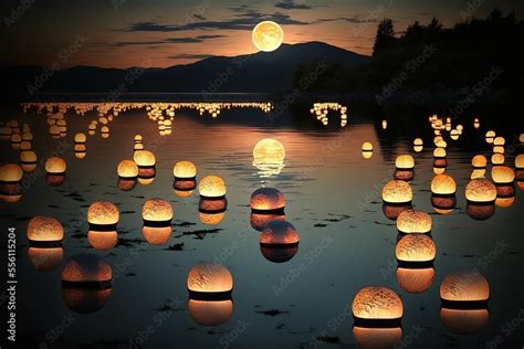 OBON FESTIVAL, JAPAN, Floating lanterns during Japan's Obon Festival Stock Illustration | Adobe ...