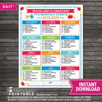 Teacher School Year Calendar Printable PTA PTO Monthly Events Editable Template