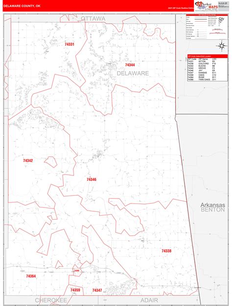 Delaware County, OK Zip Code Wall Map Red Line Style by MarketMAPS ...