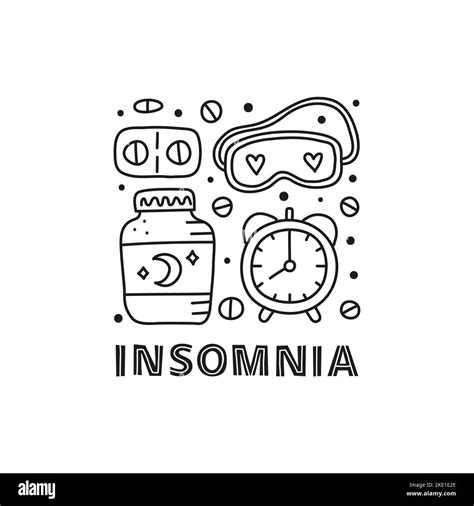 Group of doodle outline insomnia and bed time icons including clock, sleep mask, pills and ...