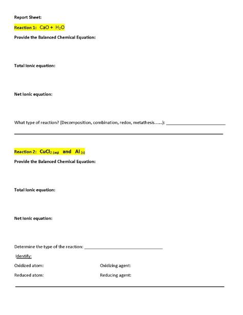 Solved Report Sheet: Reaction 1: CaO + H2O Provide the | Chegg.com