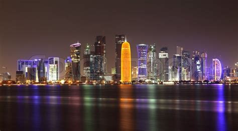 Skyline of Doha at night, Qatar | Stock image | Colourbox