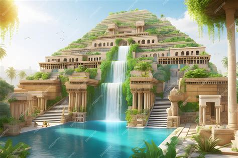 Premium Photo | Babylonian ziggurat with hanging gardens with lots of ...