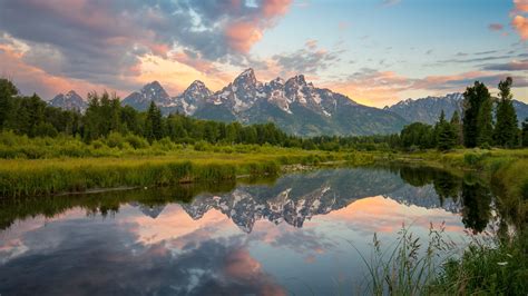 Grand Teton National Park, sunrise, lake, reflection, water, mountains, clouds, forest HD Wallpaper