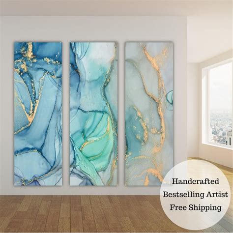 Large Three Panel Wall Art Vertical Set of 3 Triptych Canvas Wall Blue and Gold Wall Art 3 Panel ...