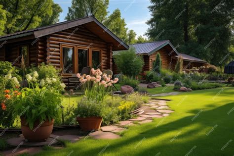 Premium Photo | Log cabins exterior view with a lush garden backdrop