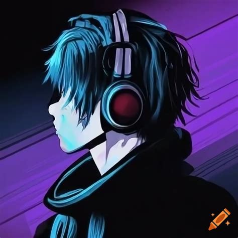 Anime guy, looking to right side, wearing headphones while listening to ...