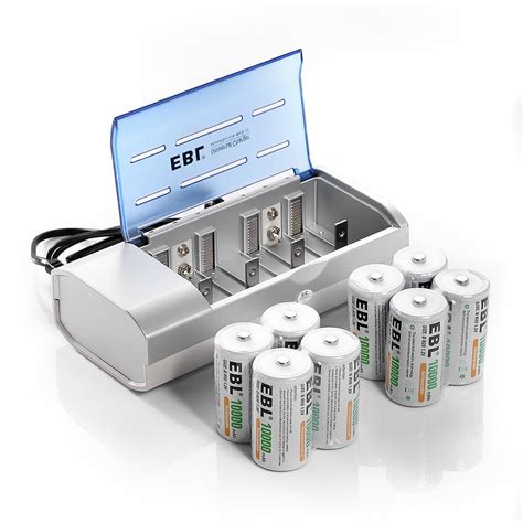 EBL 10000mAh Rechargeable D Batteries (8 Pack) + Battery Charger for AA AAA C D Ni-MH Ni-CD ...