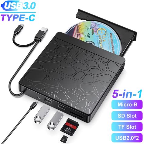 External CD DVD Drive for Laptop, 5-in-1 USB 3.0 Type-C CD DVD ROM +/-RW Burner Writer Reader ...