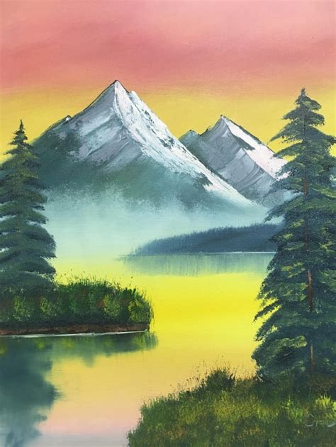 Sunset Mountain (first painting I ever did with an instructor) : r/HappyTrees