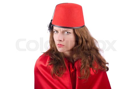 Woman wearing fez hat isolated on white | Stock image | Colourbox