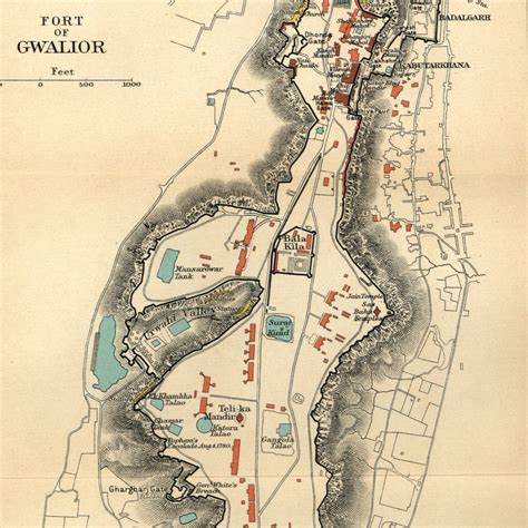 India Fort of Gwalior Lashkar 1909 detailed old color litho map: (1909 ...