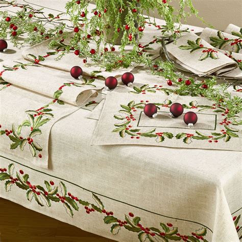 Holiday Holly Embroidered Table Linens | Christmas table cloth, Christmas table linen, Table cloth