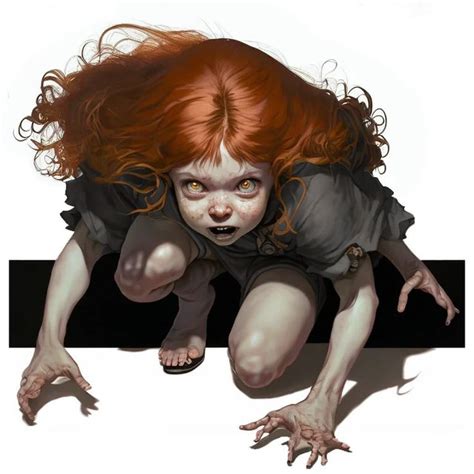 a drawing of a woman with red hair and green eyes crawling on the ground in front of a white ...