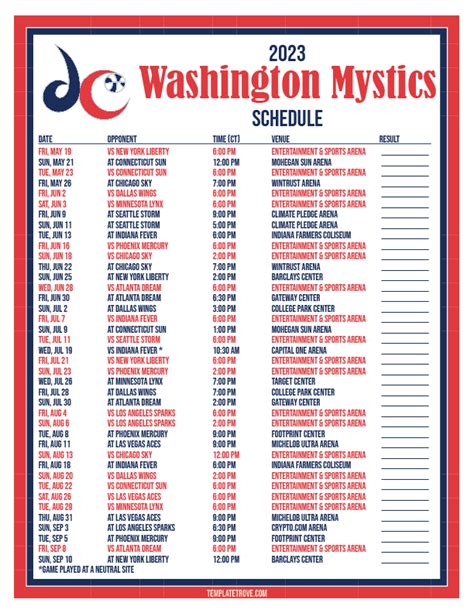 Printable2023 Washington Mystics Basketball Schedule