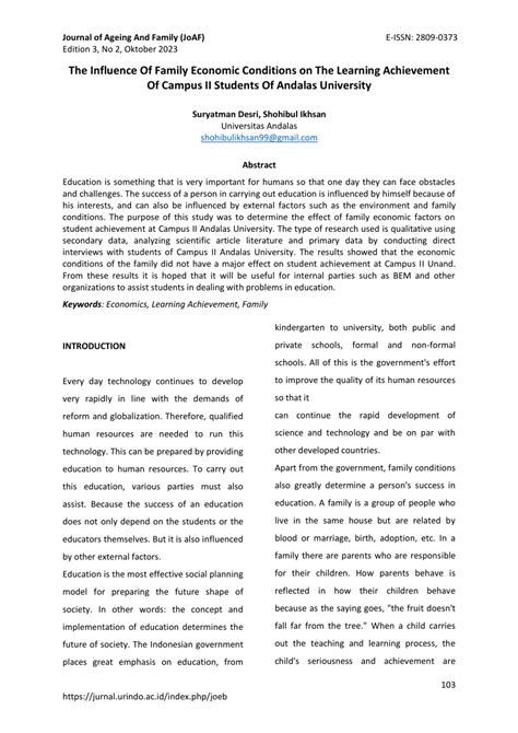 (PDF) The Influence Of Family Economic Conditions on The Learning ...