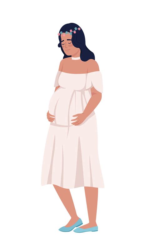 Pretty pregnant lady semi flat color vector character. Editable figure. Full body person on ...