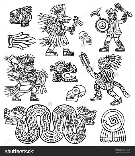 Aztec warriors, skull, jaguar and snake vector ink illustration set - stock vector Aztec Tribal ...