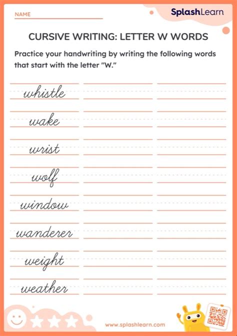 Cursive Writing: Letter W Words — Printable ELA Worksheet