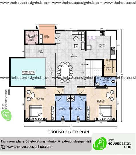 51 X 43 Ft 2 Bhk Bungalow Plan With Swimming Pool In 2200 Sq Ft | The House Design Hub