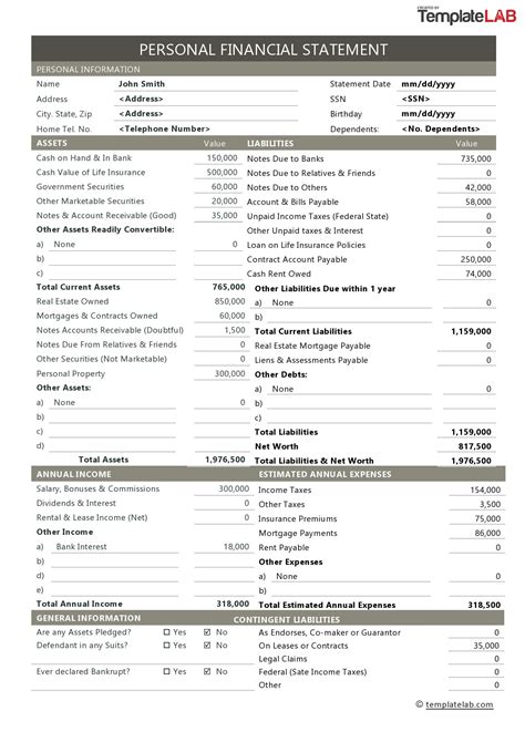 40+ Personal Financial Statement Templates & Forms ᐅ TemplateLab