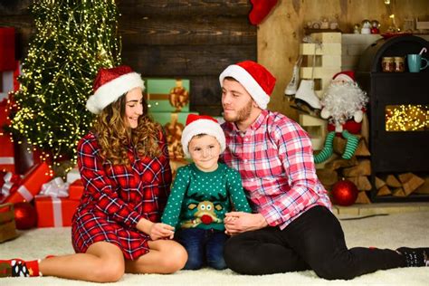 Christmas Scene. Family Christmas Portrait. Happy Family Celebrate Xmas ...