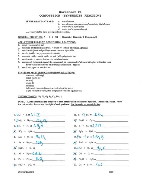 Synthesis Reactions and Decomposition Reactions Worksheet Key ...