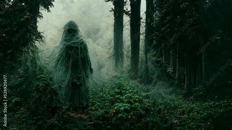 Stock-illustrationen Spooky Scary Ghost in Depths of Mystical Forest Fantasy 3D Art Illustration ...