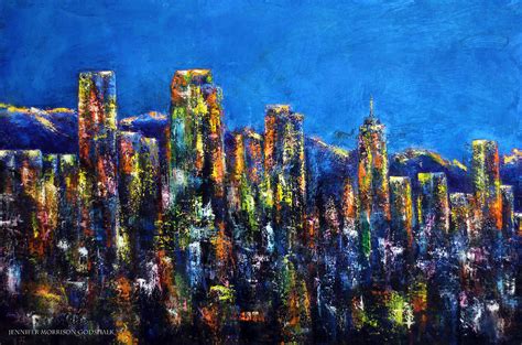 Downtown Denver Night Lights Painting by Jennifer Morrison Godshalk