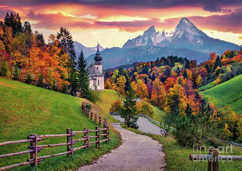 Bavaria church and trees at sunset in Autumn - Landscape photography Photograph by Thomas Jones