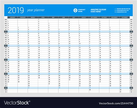 Yearly wall calendar planner template for 2019 Vector Image