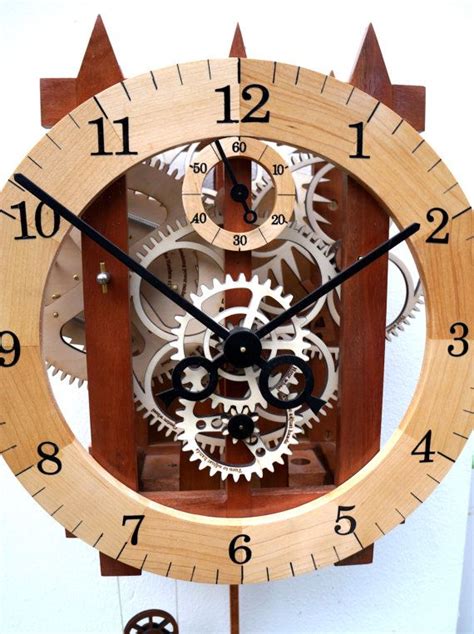 Large wooden mechanical skeleton wall clock with pendulum. Weight driven. Wooden gears ...