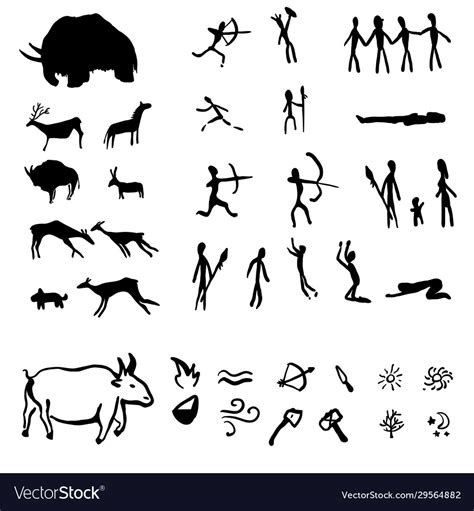 Set black cave drawings on white background Vector Image