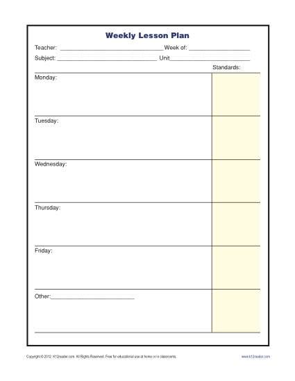 Weekly Lesson Plan Template with Standards - Elementary