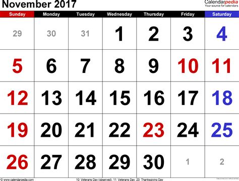 November 2017 - calendar templates for Word, Excel and PDF