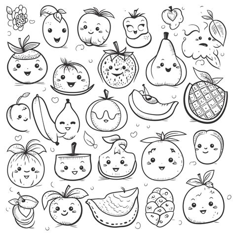 Sweet Cartoon Set Of Fruits Coloring Page Outline Sketch Drawing Vector, Realistic Fruits ...